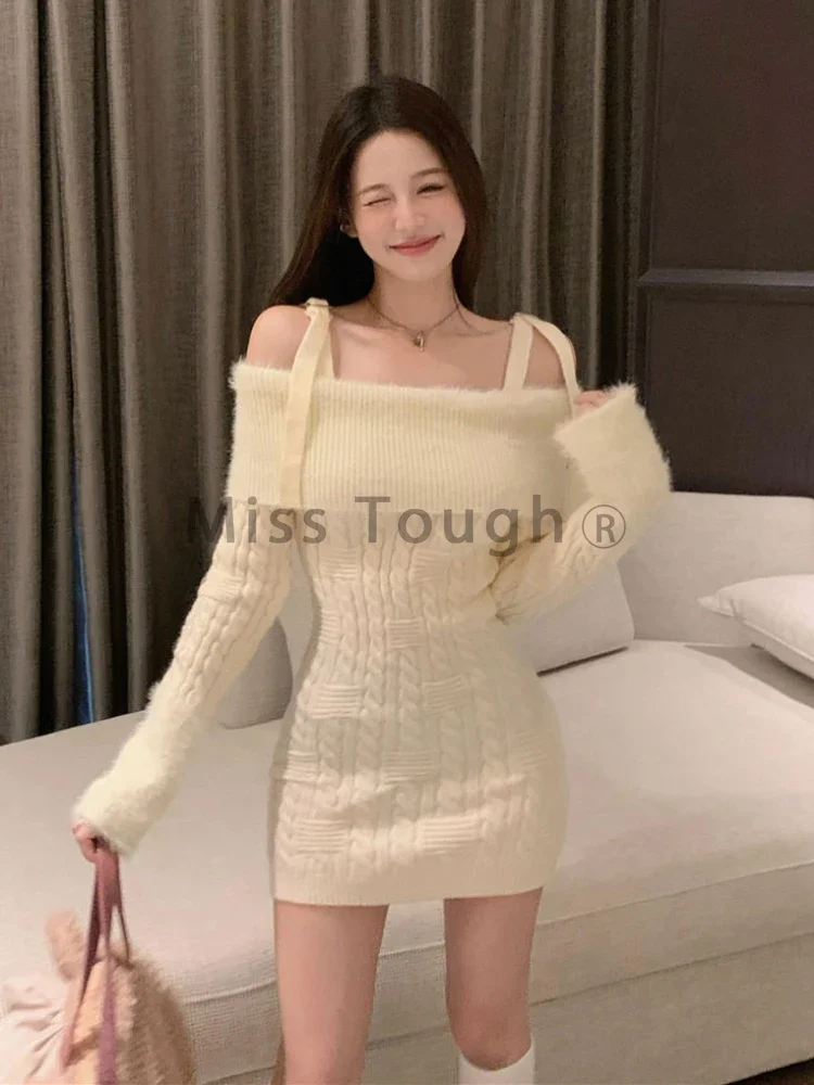 Autumn Winter New Knitted Off Shoulder Dress French Elegant Slim Thin Plush Sweater Dress Casual Party Hip Dresses Women 2024