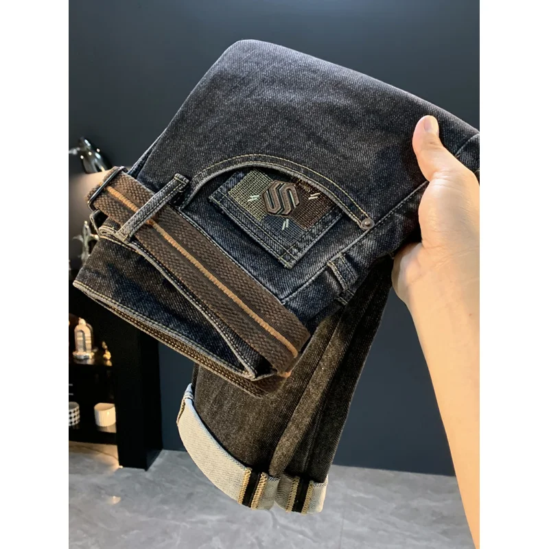 

Черные зауженные джинсы, новинка 2024, мужские осенние модные брендовые высококачественные эластичные универсальные облегающие брюки с небольшими штанинами