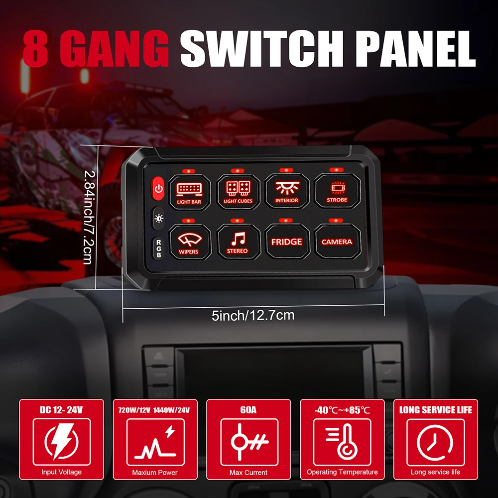 12V 8 Gang RGB APP Painel de interruptor de controle IP65 Controle de toque à prova d'água 3 modos para caminhão/off-road/barco/carro/RV