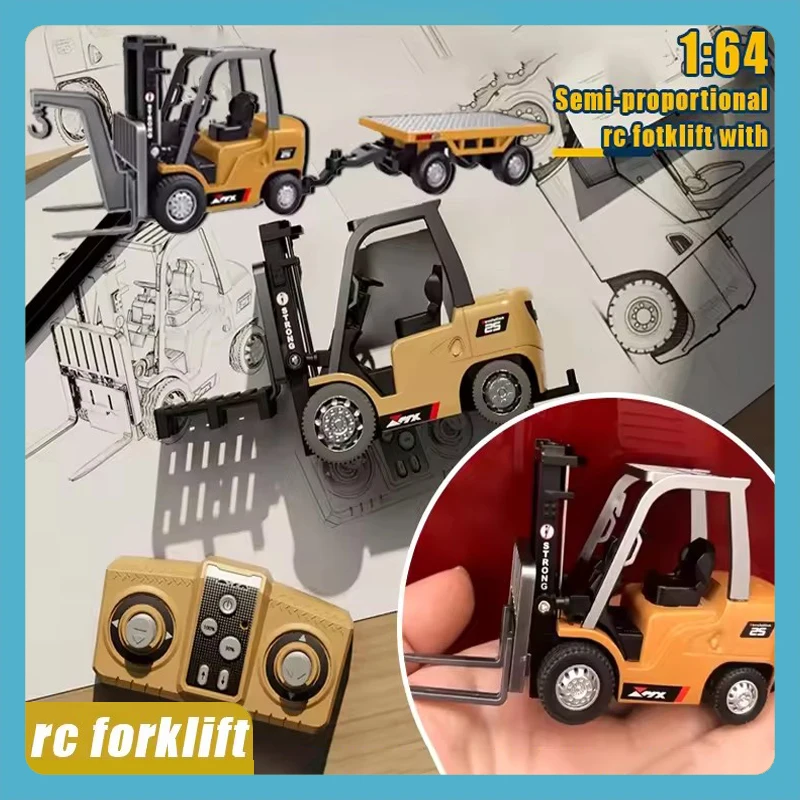 Mobil Rc Mini Alloy Rc Forklift Rc Engineering Cart 2.4g Remote Control Ponsel Model Mobil 1:64 Ornamen Hadiah Liburan Anak Laki-laki Mainan