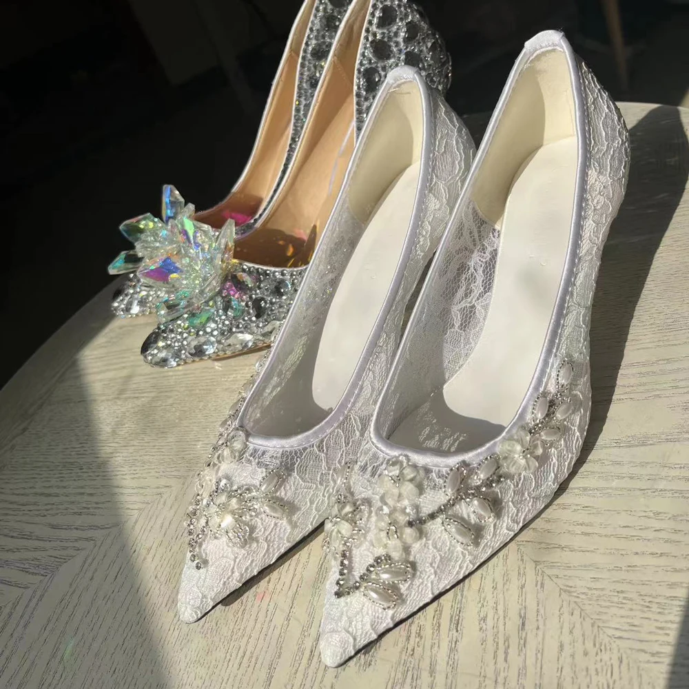 Bride Stiletto Mesh Lace Flowers White News Design Women Wedding Dress Shoes 5cm Middle High Heels Customize Lady Pumps