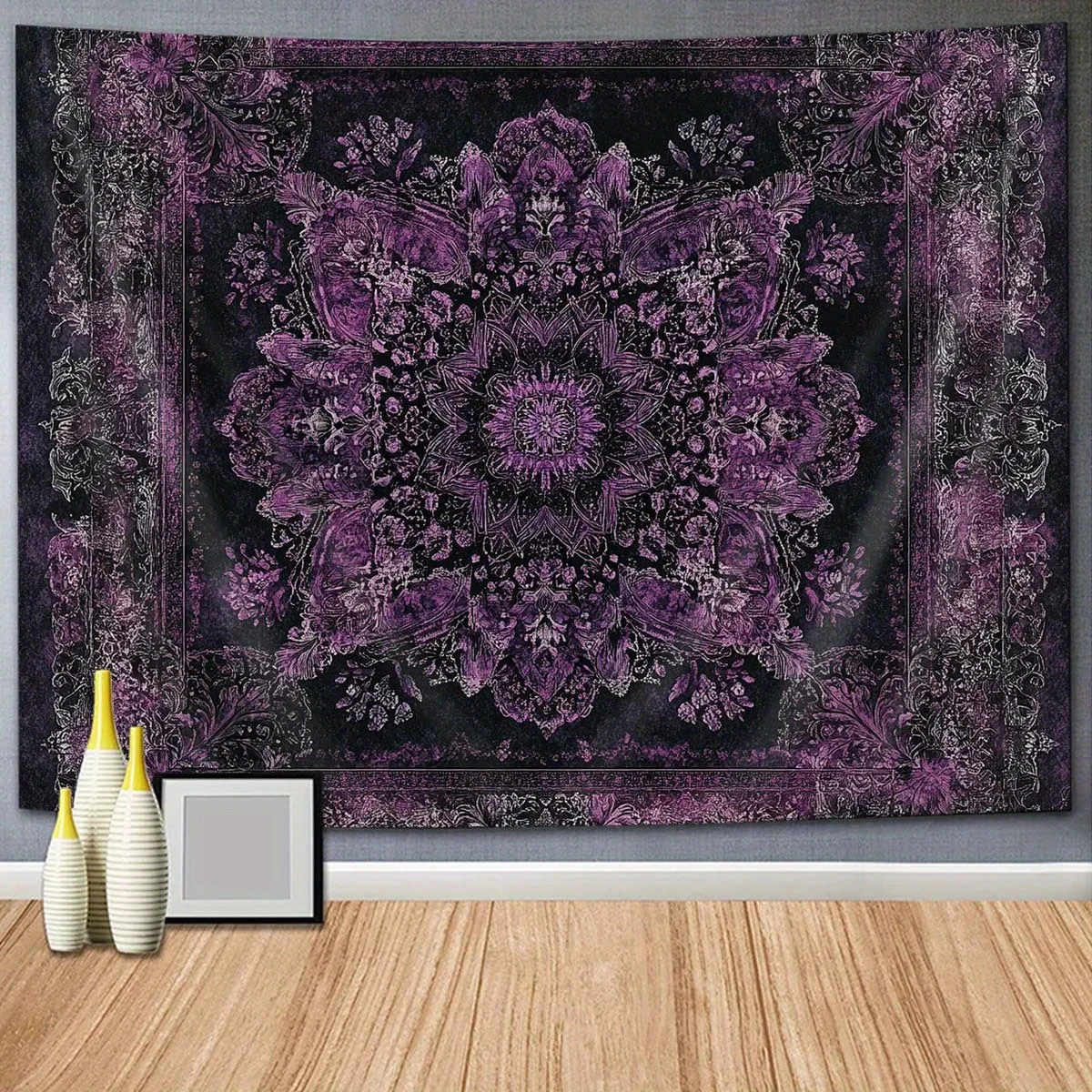 Plano 2D, 1 Pieza Tapiz Bohemio de Mandala - Elegante Mandala Floral Morado sobre Fondo Oscuro, Tela Ligera de Poliéster Ideal p