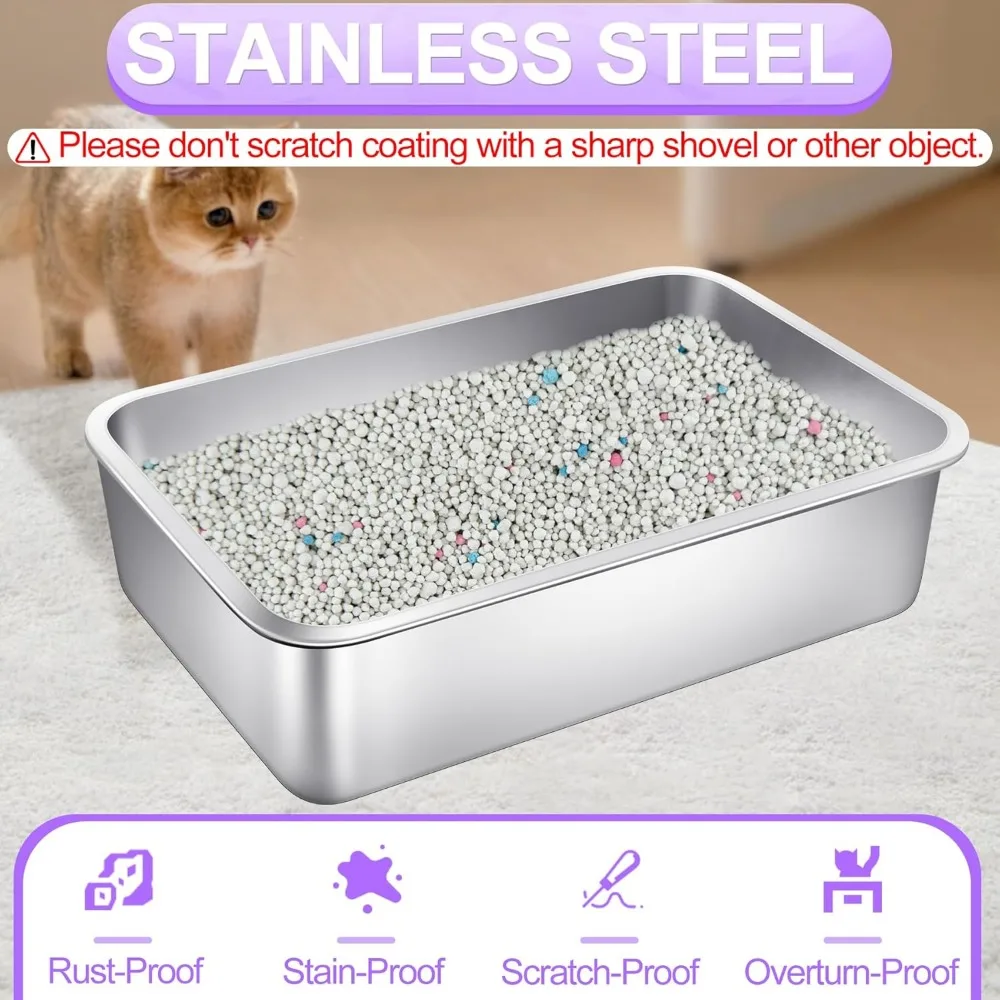 Extra Large 23.6L Stainless Steel Cat Litter Boxes with High Sides - Durable Metal Litter Pans for Easy Clean-up and Comfort
