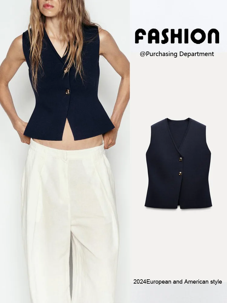 New Summer Women's Gold Button Decorated Knitted Vest Sleeveless Top Fashionable Ethnic Style Stage Performance Clothing