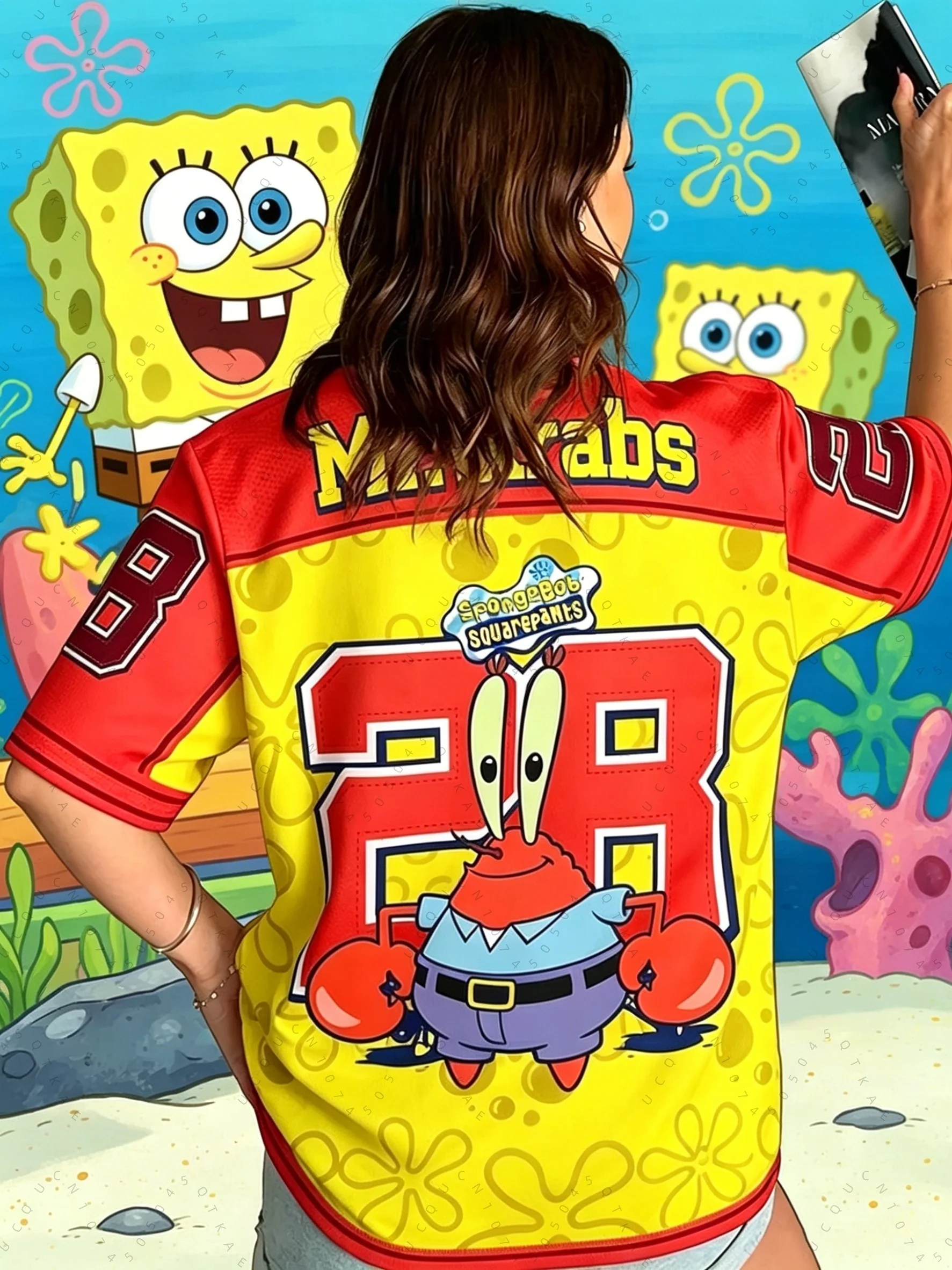 Spongebob Print Loose Oversized T-Shirts für Männer und Frauen, Sommer, V-Ausschnitt, Patchwork, kurzärmelig, Sport-Fußballtrikot, Y2k-Kinderoberteile – Detail 6