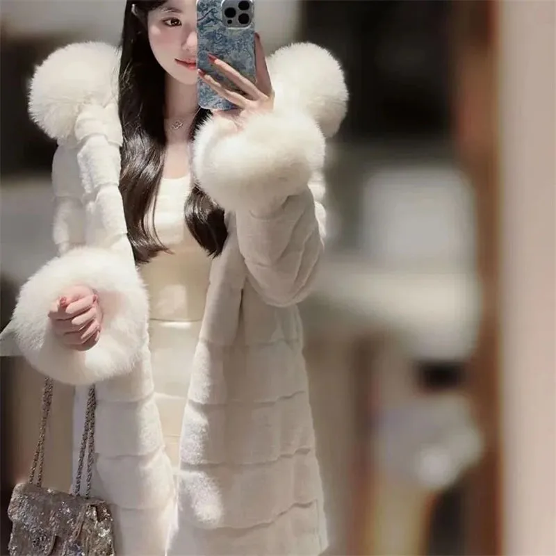 2025 المرأة تقليد معطف فرو المنك مقنعين منتصف طول الثعلب الفراء طوق أفخم معاطف جديد الخريف الشتاء الإناث رشاقته معطف دافئ