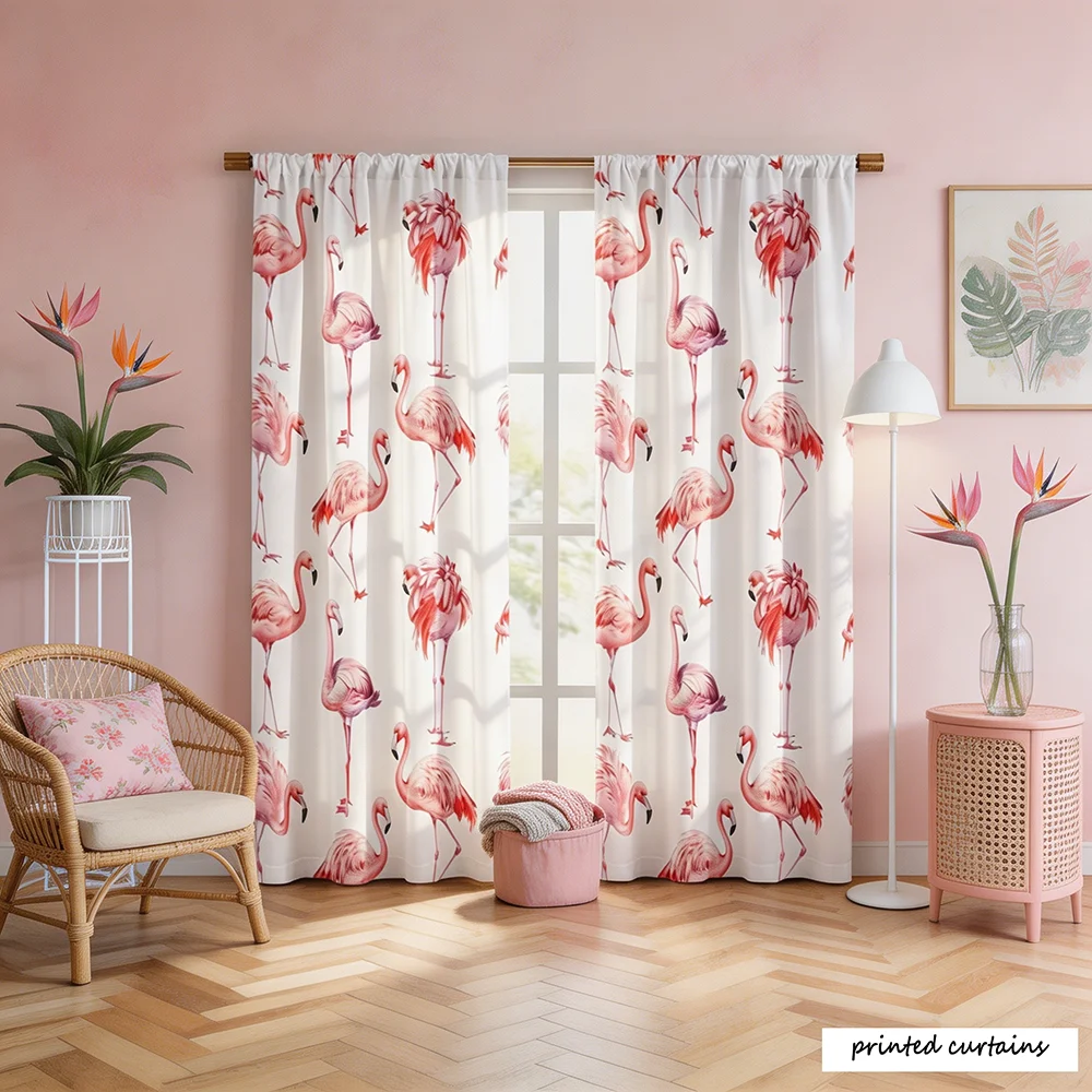 2-teiliges Set mit Cartoon-Flamingo-Motiv bedruckten Vorhängen, Schlafzimmer-Verdunkelungsvorhängen und wärmeisolierendem Fensterstoff.