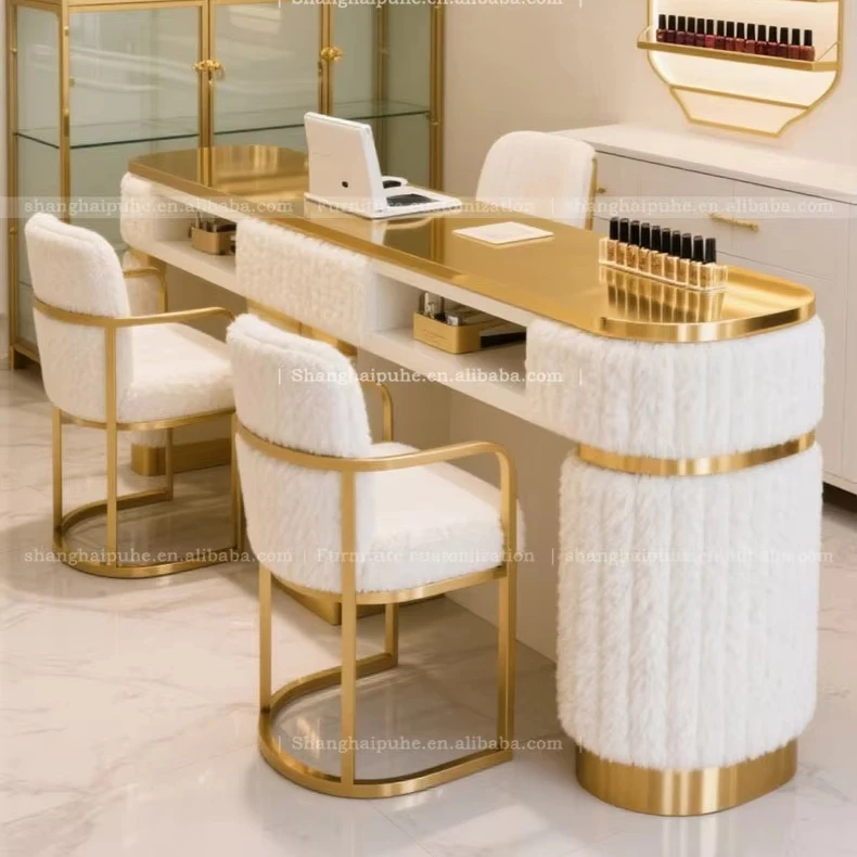 Manicure Table With Double Workstations, Customized Furniture For Nail Salons Table For Nail Tech Italian Light Luxury Modern