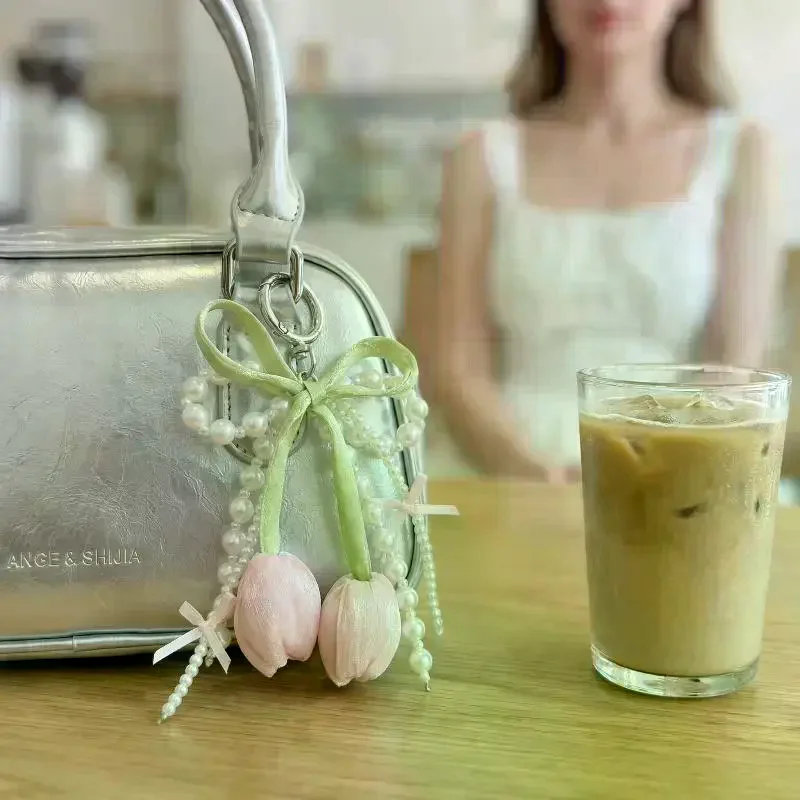 Womens Bag Charm Pendant with Pearl Tulip Keychain Lovely Gift Idea for Teachers Colleagues