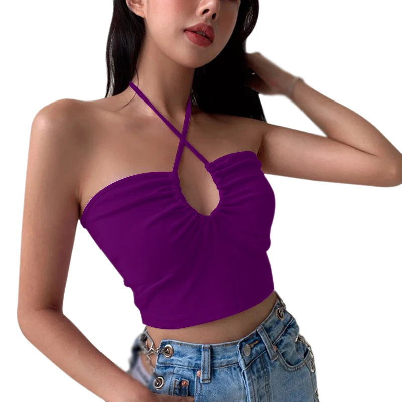 Women's Summer Cross Hanging Neck Plunge Sexy Neckless Knitted Small Camisole Tank Top Beach T-Shirt