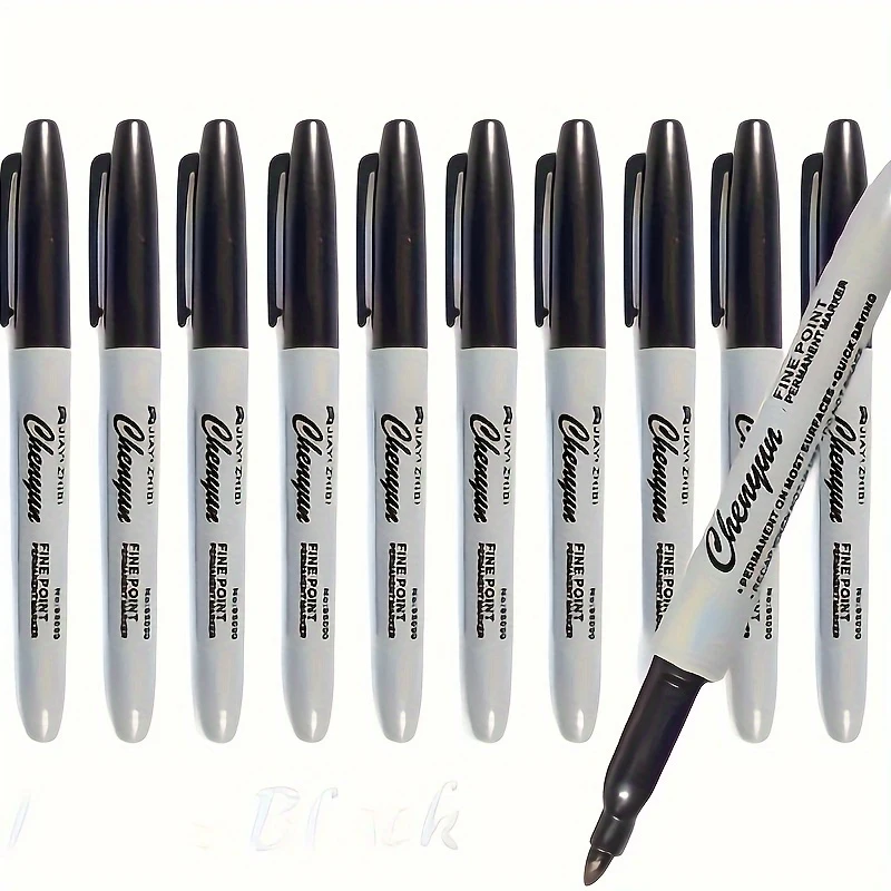 10 Fine-tip Black Permanent Marker Pen, Smudge-proof and Quick-drying, Suitable for Daily Office Use
