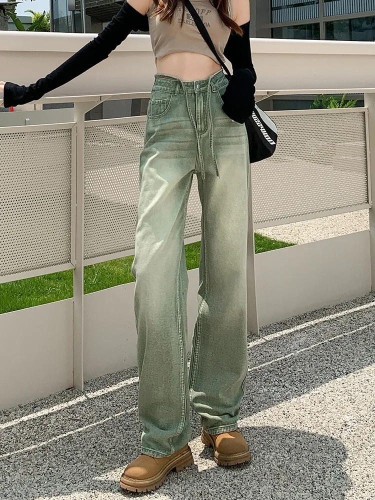 

GUUZYUVIZ High Street Straight Jeans Woman Loose Casual Retro Green Denim Wide Leg Pants