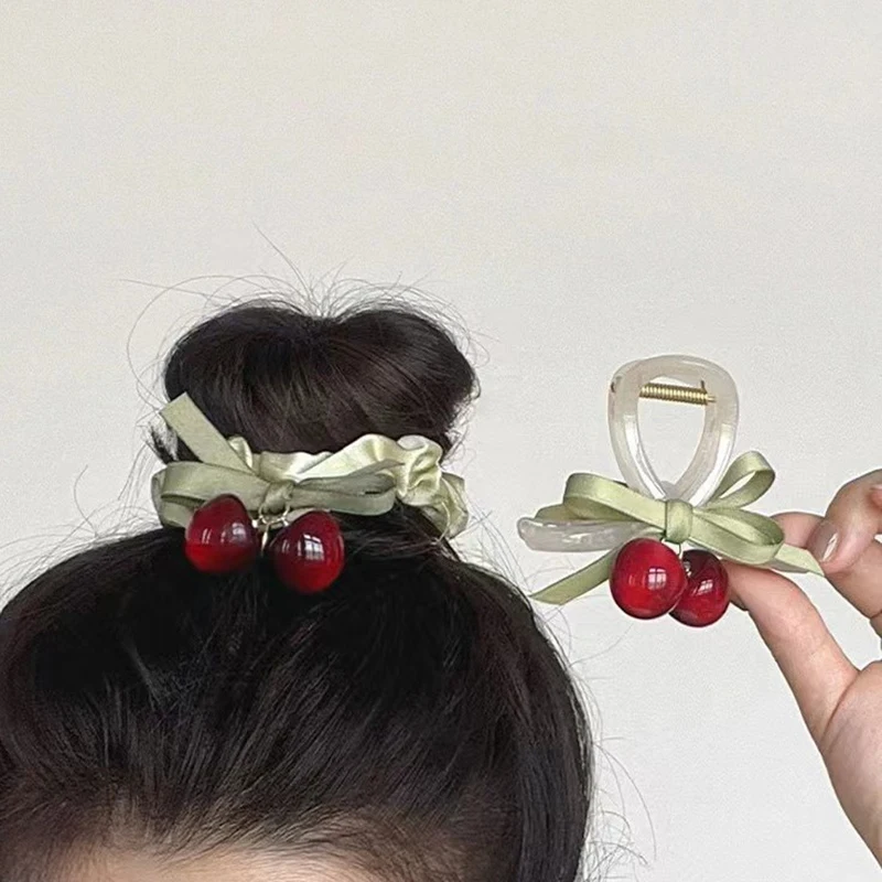 Cute Bow Ribbon Hair Clip Elegant Cherry Hair Clip For Women Girls Fashionable Hair Accessories Sweet Hair Rope Headdress