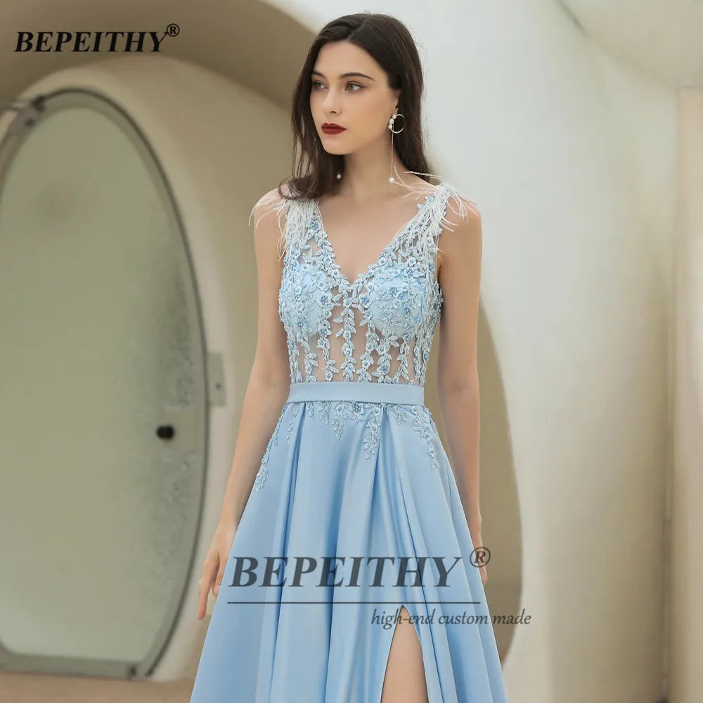 BEPEITHY Sky Blue A-Line ชุดราตรีหรูหราสำหรับผู้หญิง V คอชุดราตรี2023สูงพร้อมขนนกไหล่