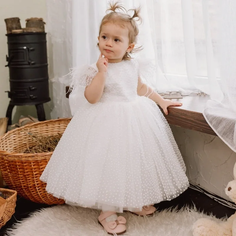 Вечерние платья для дня рождения, святого причастия, платья для девочек-цветочниц, белая тюлевая волнистая юбка с бантом и рукавами-перьями для свадьбы