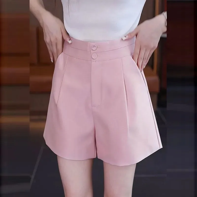 Women's High-Waisted Pleated Suit Shorts Double Button Casual Trousers with Pockets