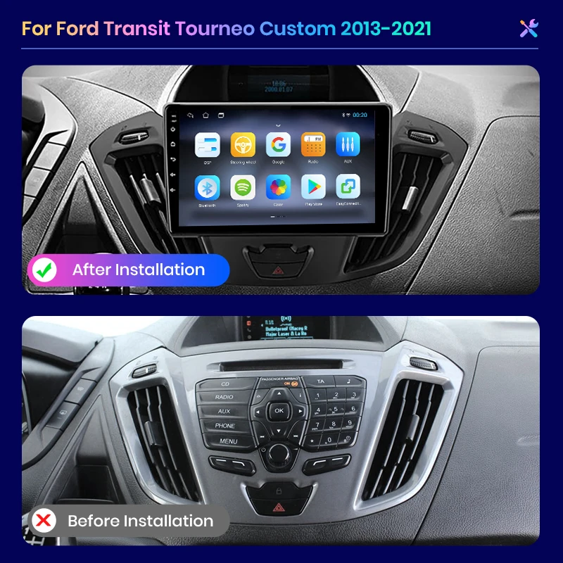 For Ford Transit Custom Tourneo 2013-2021 Wireless CarPlay for Apple Android Auto Car Radio GPS RDS WiFi BT 4G Multimedia Stereo