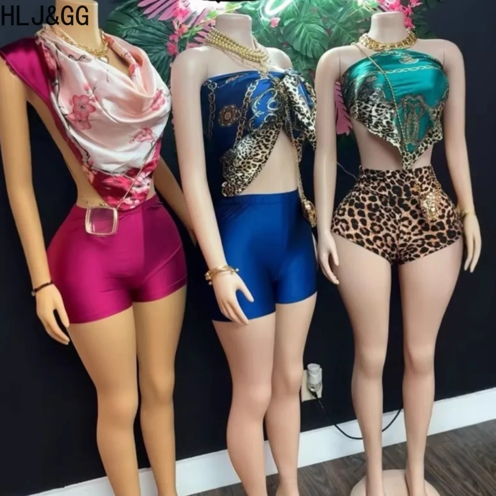 

HLJ&GG Retro Pattern Print Scarf Two Piece Sets Women Sleeveless Bandage Crop Top And Shorts Outfits Y2K Fashion 2pcs Streetwear