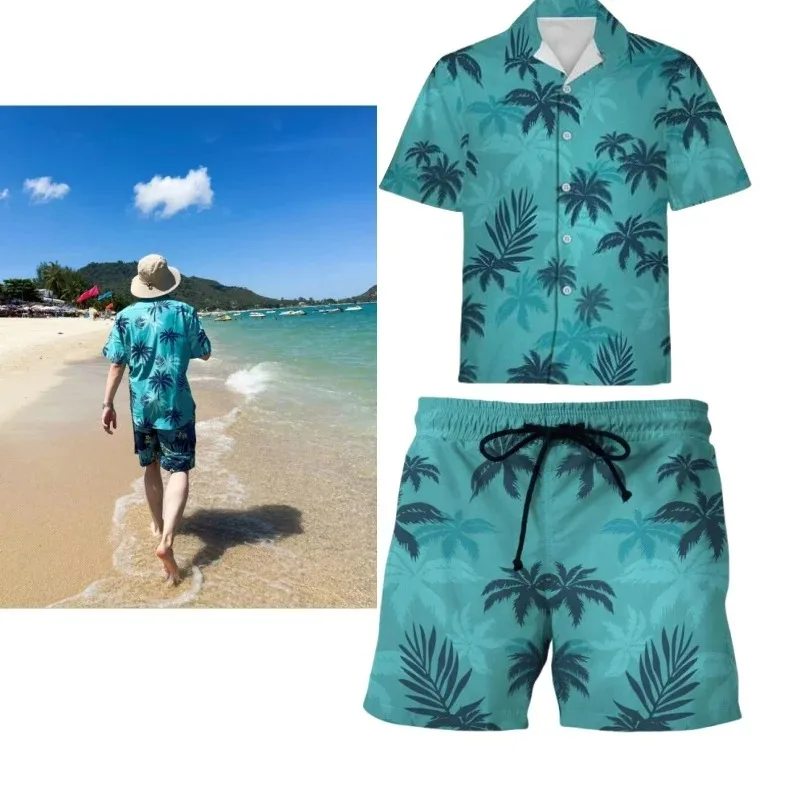 

2025 Men's Summer Shirt Hawaii Beach Top Short Sleeve 2 Piece Set Digital Print Short Sleeve Shirt Set