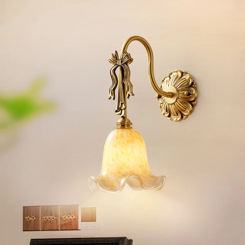 

French All Copper Bowknot LED Wall Lamp White Flower Shape Glass Lampshade Living Room Bedroom Corridor Restaurant Sconces Light