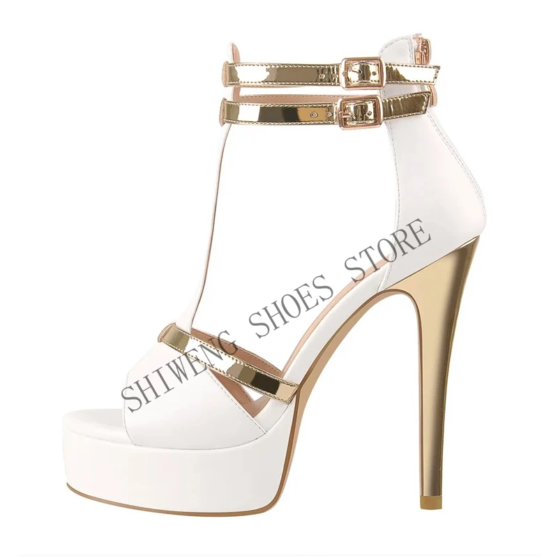 2026 Women  Summer Thin High Heel Platform Sandals Open Toe Metal Buckles Matte White Gold Narrow Strap Wedding Party Shoes 55