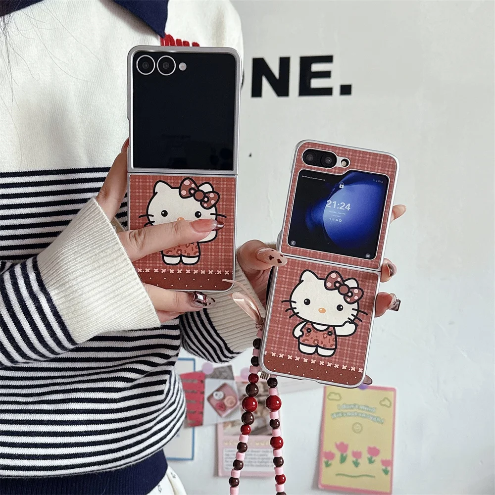 

Fashion leather plaid Hellokitty kawaii phone case for Samsung Galaxy Z Flip7 6 Flip 6 5 flip4 3 5G flip5 cover with chain funda