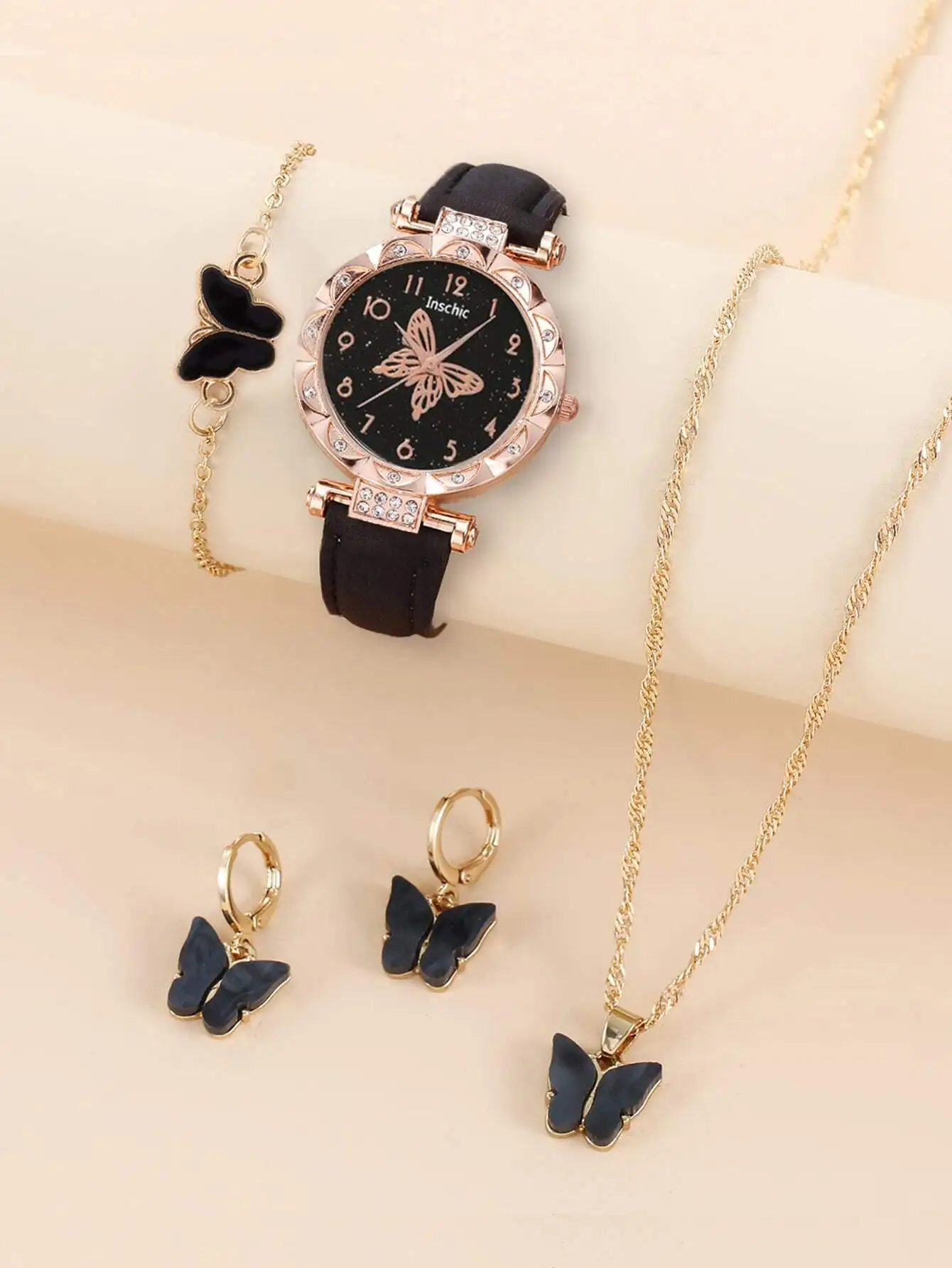 5-piece elegant and stylish exquisite butterfly dial quartz watch, paired with PU leather strap, elegant butterfly fashion set