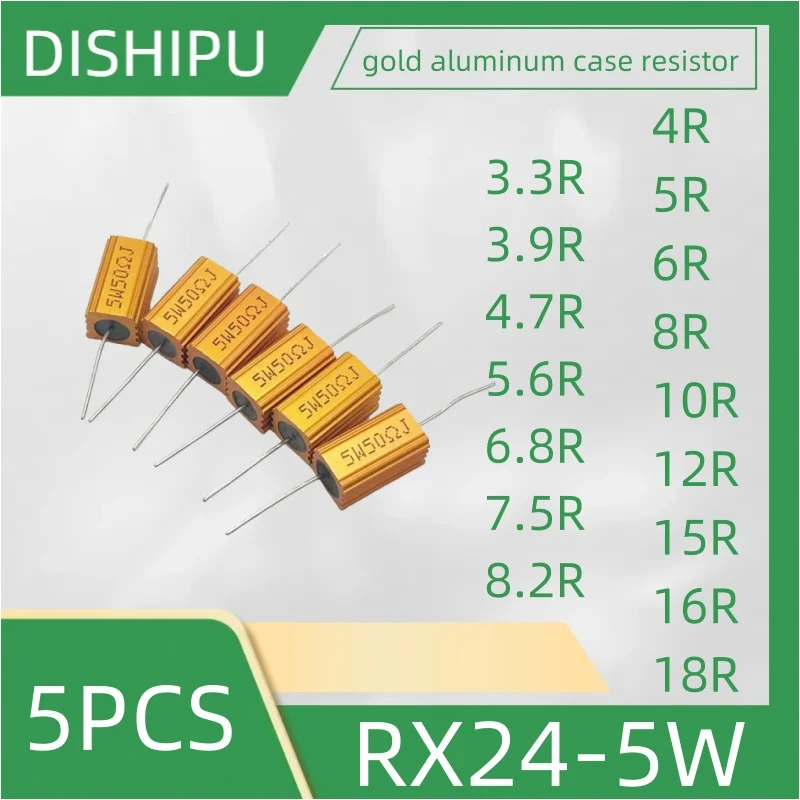 

5PCS RX24-5W gold aluminum case resistor 3.3 R 3.9 R 4.7 R 5.6 R 6.8 R 7.5 R 8.2 R4R 5R 6R 8R 10R 12R 15R 16R 18R