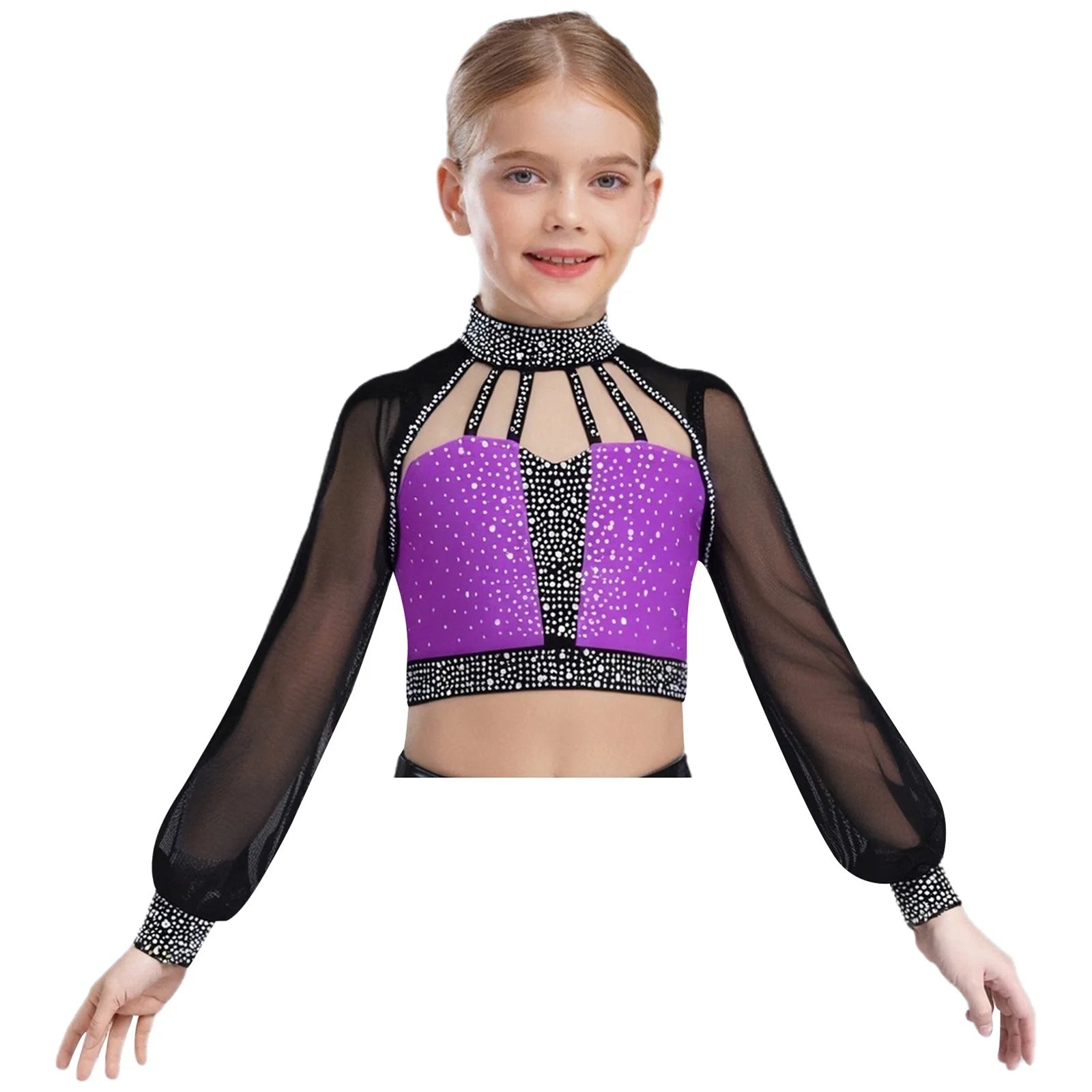 

Kids Girls Figure Skating Ballet Dance Performance Crop Tops Long Sleeves Rhinestones Ballet Ballroom Gymnastics Dance Crop Tops