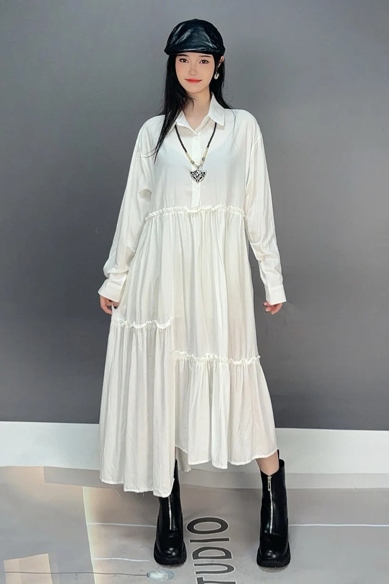 2024 Autumn New Elegant Splicing Loose Long Shirts Dresses Women Casual Turn-down Collar Long Sleeve Dress Wholesale J479