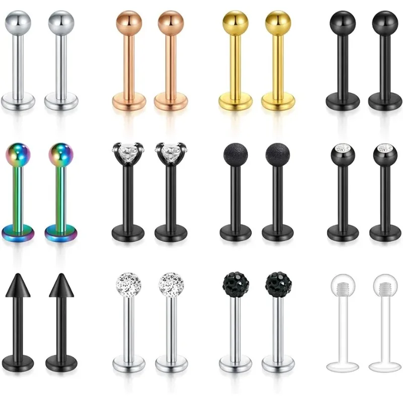 16G 24Pcs Stainless Steel Labret Studs Lip Rings Retainer Cartilage Tragus Helix Earring Barbell Medusa Piercing Jewelry