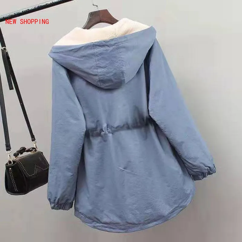 Winter Thick Velet Women Trench Coat New Hooded Collar Zipper Loose Female Trench Plus Size Print Adjustable Waist Wind Coat 3XL