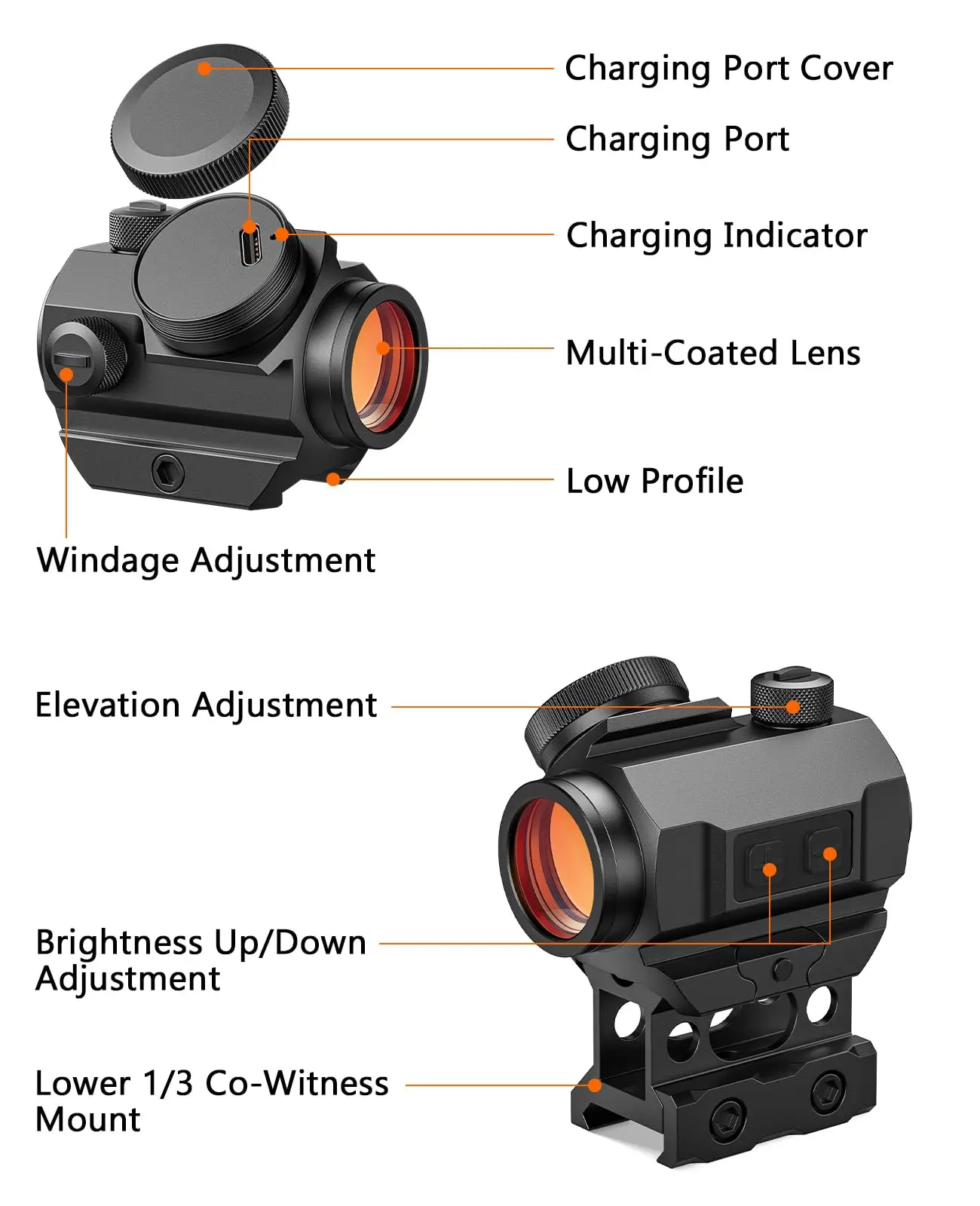 MidTen Rife Scope Red Dot 2 Pemandangan Refleks MOA Dapat Diisi Ulang dengan Riser Co-Witness 1/3 Bawah Kompatibel dengan Rel Picatinny 21Mm