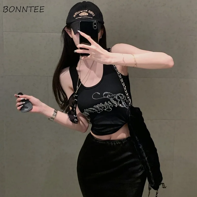

Tanks Tops Women All-match Rhinestones Design Bottoming Chic Slim Fit Casual Sweet Sexy Girls Summer Outdoor Korean Style Ins