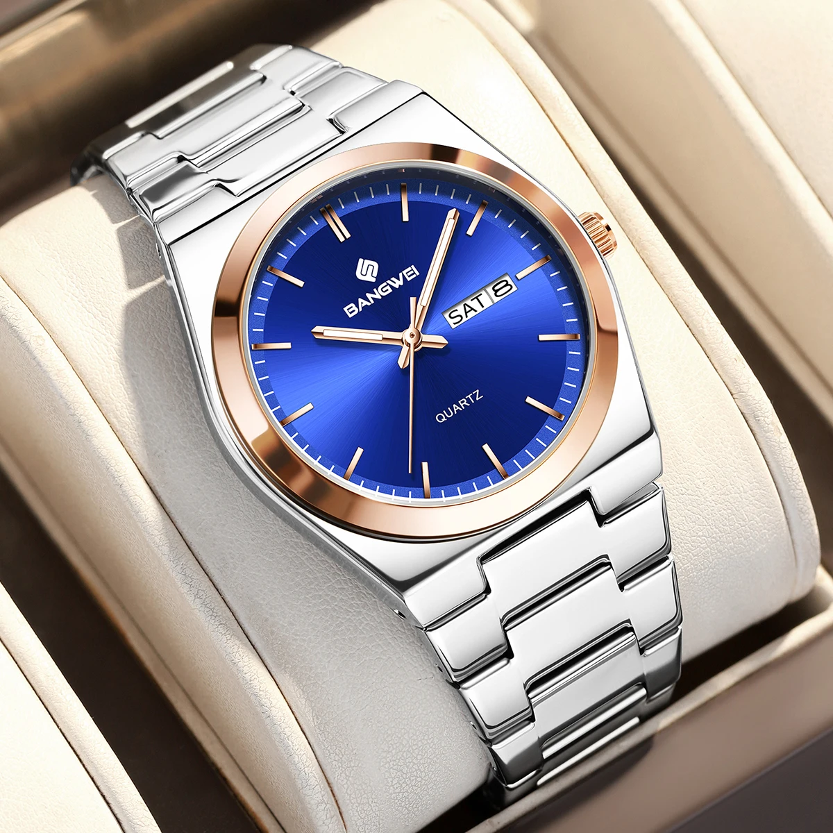 BANGWEI الفاخرة الرياضة كوارتز رجل ساعة اليد مقاوم للماء مضيئة تاريخ الأسبوع الرجال الساعات الفولاذ المقاوم للصدأ ساعة رجالي ذكر Reloj + صندوق