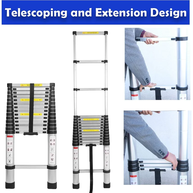 Telescoping Ladder 20ft 6.2M Aluminum DIY Extension Folding Loft Ladder with 2 Detachable Hooks Anti-Slip Rubber Feet Portable
