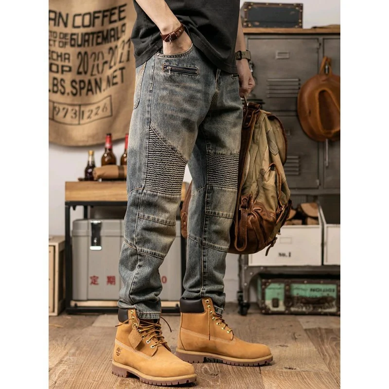 Jeans da uomo pieghe da moto alla moda taglio tridimensionale casual retrò versatile nostalgico dritto pantaloni larghi in denim da motociclista