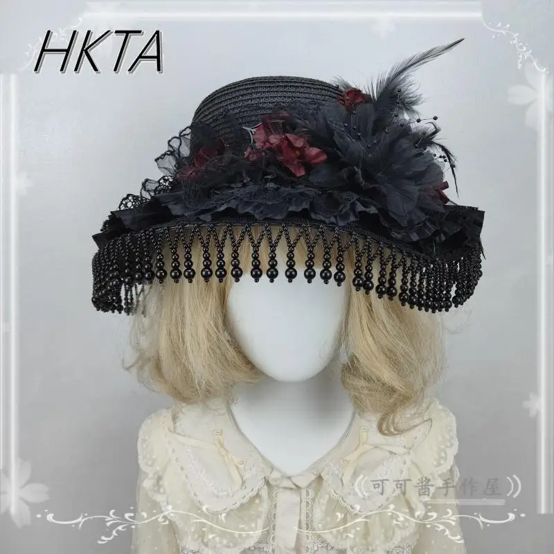 ロリータエレガントな黒帽子ヘアアクセサリー女性ヴィンテージダークフラワーストラップハロウィンコスプレ羽パールフリンジ帽子 Y2k キャップ