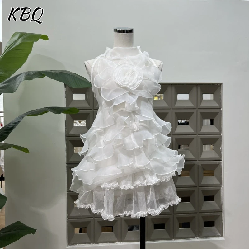 

KBQ Cute Spliced Appliques Mini Summer Skirts Sets For Women Stand Collar Sleeveless Top High Waist Skirts Sweet Set Female New