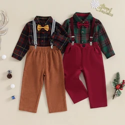 2023-10-20 Lioraitiin 1-7Y Kids Boys Christmas Outfit Plaid Bowtie Lapel Button-Down Shirts Tops Solid Suspender Pant 2Pcs