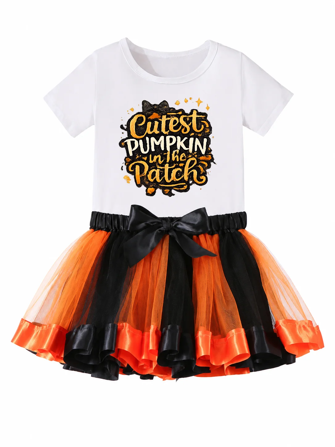 Toddler Girl Cutest Pumpkin In The Patch Outfit 2Pcs Short Sleeve Print T-shirt Orange Black Tutu Skirt Set Kids Halloween Thank