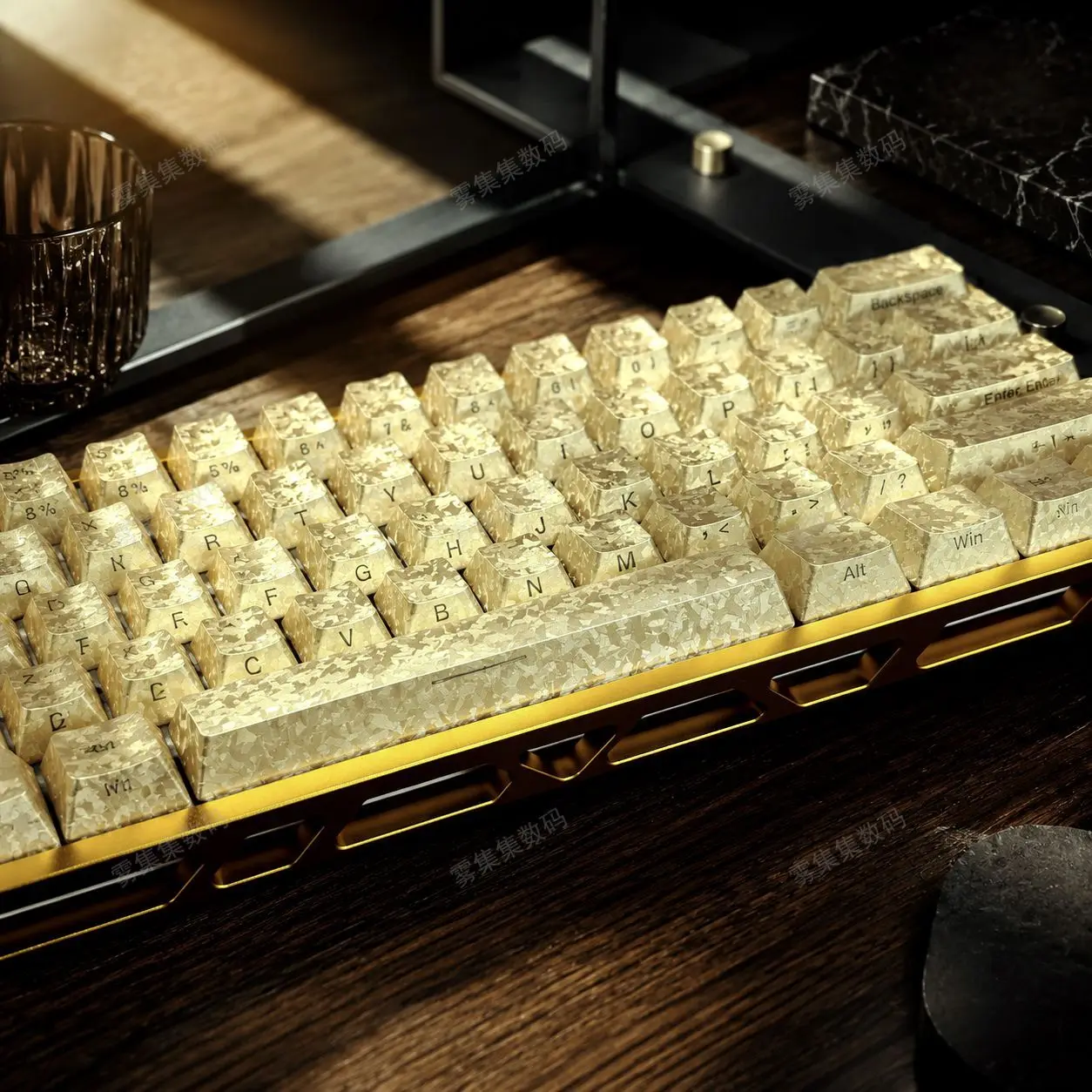 119 Keys Gold Frosted Carbon Fiber Keycaps, Metallic Paint+PC Side Printed Shine Through Keycap Set, Cherry Profile