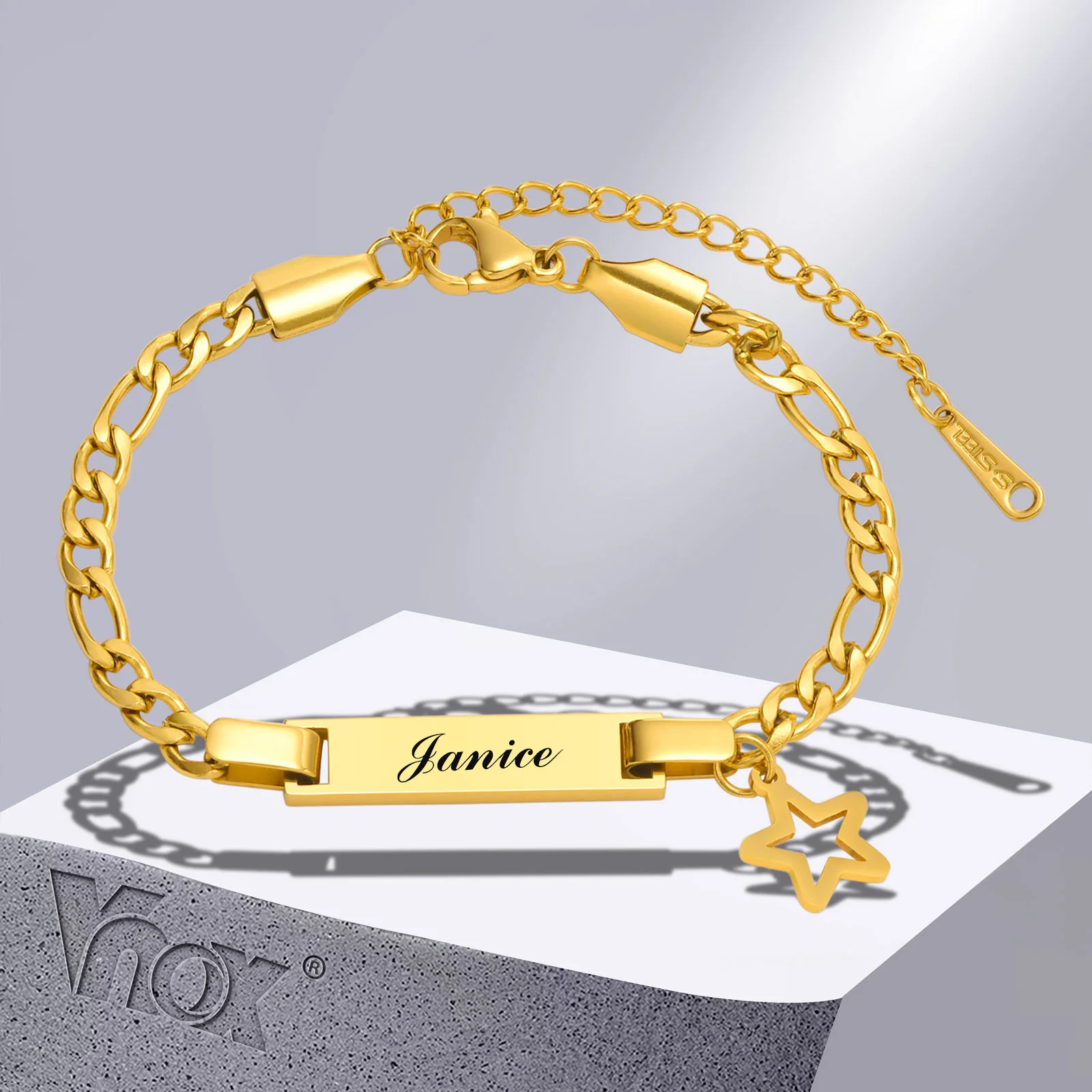 

Vnox 5.5mm Customize Bracelets for Women. Gold Color Star Charm Bracelet, Engraving Name Date Stainless Steel Bangle