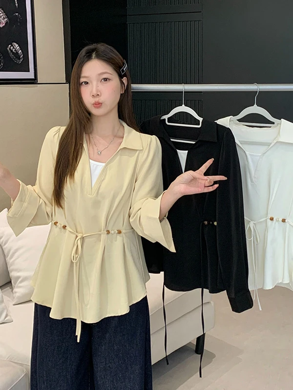 

plus Size Long Sleeve Shirt Women's Black Slimming Waist Design Spring 2026 Elegant Top French Style Loose Fit Regular Thickness