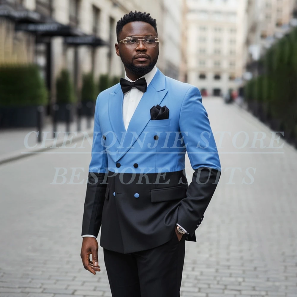 

Double Breasted Suits for Men Evening Slim Fit Blazer High Quality Black And Blue Blazer Fashion 2 Piece Jacket Pants Sets