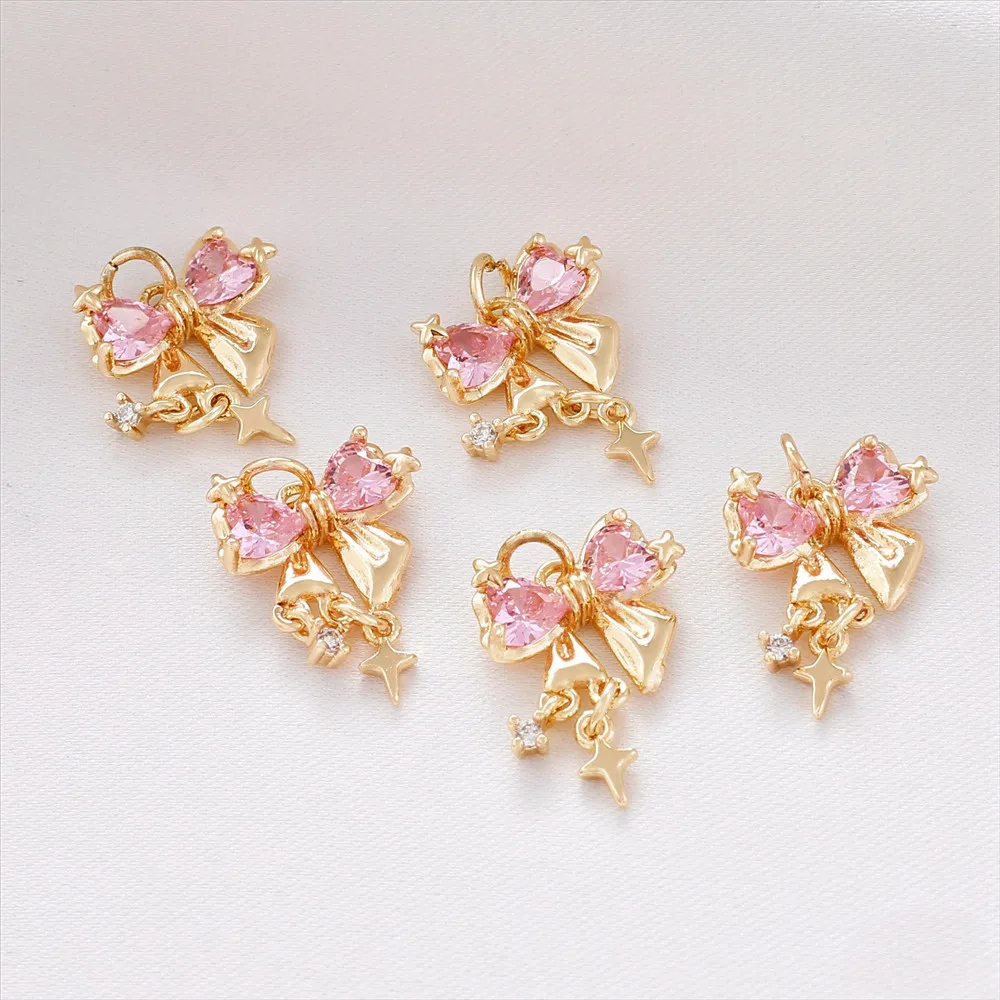 

14K Bag Gold Inlaid Pink Zircon Bow Pendant DIY Handmade Bracelet Necklace Earrings Hanging Jewelry Accessories