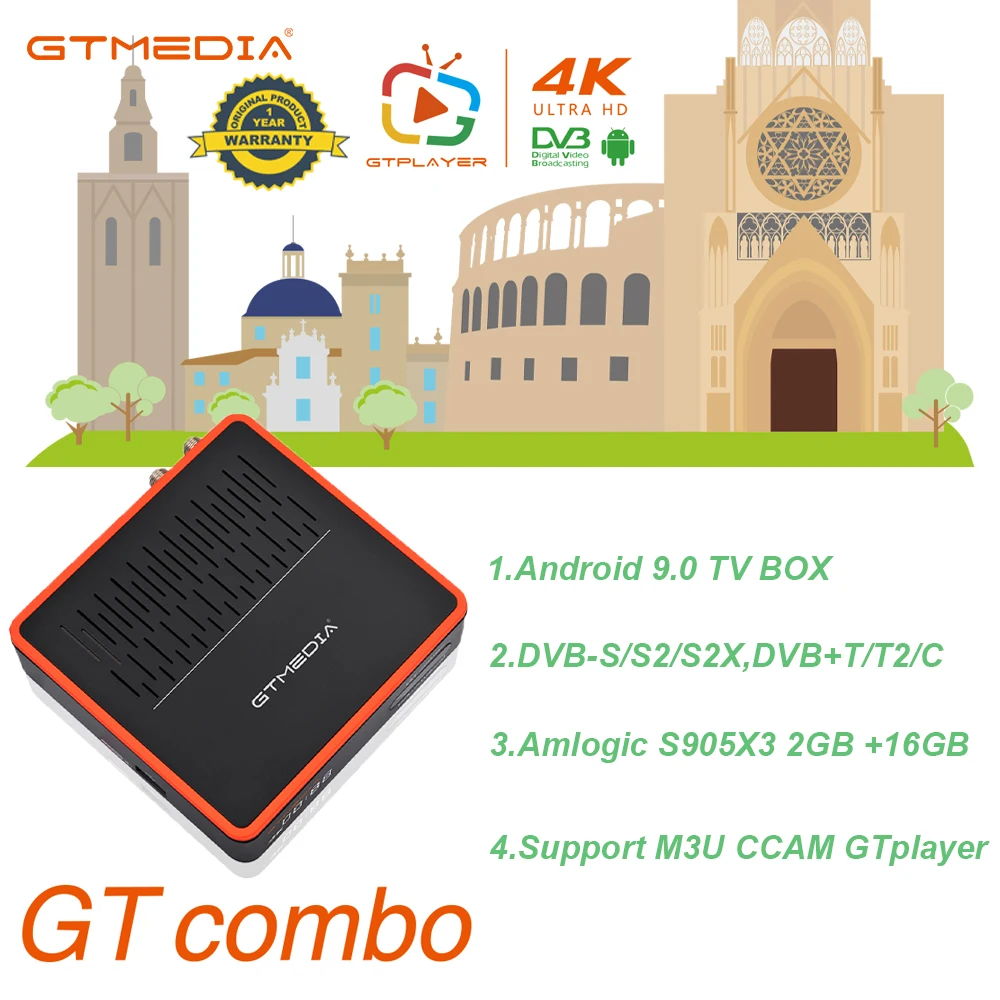 GTMEDIA GT COMBO Android 9.0 TV BOX+DVB-S/S2/S2X,DVB+T/T2/C Android box with satellite receiver 4K HD BT4.1 2+16GB GTPlayer CCAM