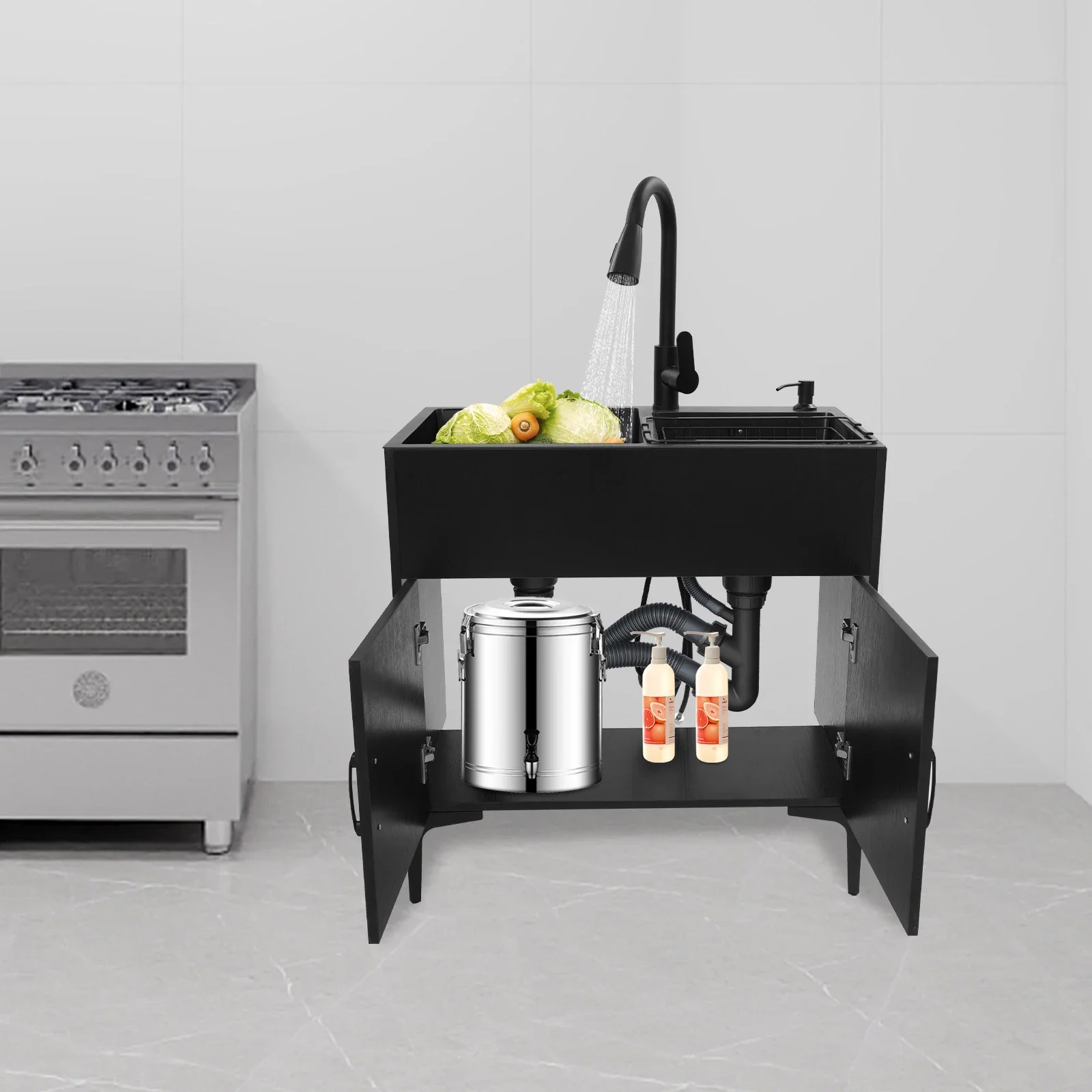 خزانة بالوعة، مجموعة كاملة من المطابخ المصنوعة من الفولاذ المقاوم للصدأ بالوعة سوداء، حوض أخدود مزدوج، صنبور قابل للسحب، سلة تصريف، أنابيب تصريف