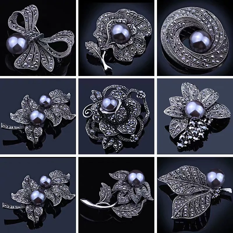 Trendy High Grade Black Pearls Brooches For Women Vintage Charm Inlaid Rhinestone Flower Brooch Pins Jewelry Party Wedding Gifts