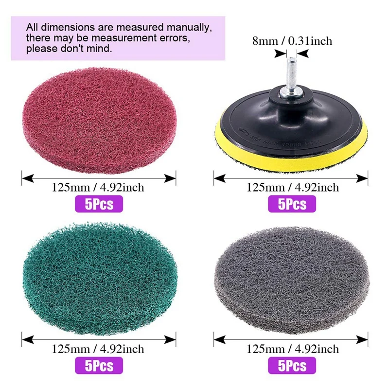 16Pcs 5Inch 3 Different Color Scrubbing Pads Drill Powered Brush Tile Scrubber Scouring Pads Cleaning Kit,Abrasive Buffing Pads